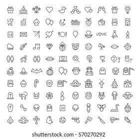 Set of 100 Isolated Minimal Modern Simple Elegant Black Stroke Icons on White Background ( Valentine's Day , Halloween and Scary Elements )
