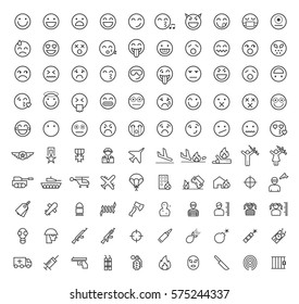 Set Of 100 Isolated Minimal Modern Simple Elegant Black Stroke Icons On Circles On White Background ( Emoticons , War And Terrorism )
