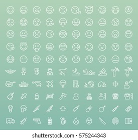 Set of 100 Isolated Minimal Modern Simple Elegant White Stroke Icons on Color Background ( Emoticons , War and Terrorism )