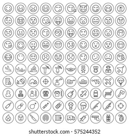 Set of 100 Isolated Minimal Modern Simple Elegant Black Stroke Icons on Circles on White Background ( Emoticons , War and Terrorism )