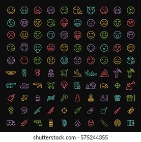 Set of 100 Isolated Minimal Modern Simple Elegant Color Stroke Icons on Black Background ( Emoticons , War and Terrorism )