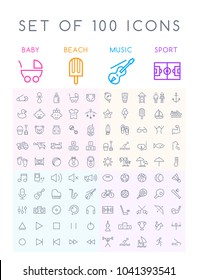 Set of 100 Isolated Minimalistic Modern Simple Elegant Black Stroke Icons ( Baby Beach  Music and Sport )
