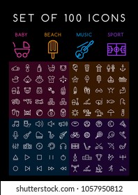 Set of 100 Isolated Minimalistic Modern Simple Elegant White Stroke Icons ( Baby Beach  Music and Sport ) on Black Background