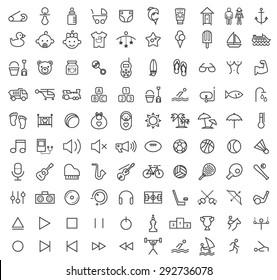 Set of 100 Isolated Minimalistic Modern Simple Elegant Black Stroke Icons ( Baby , Beach ,  Music and Sport )