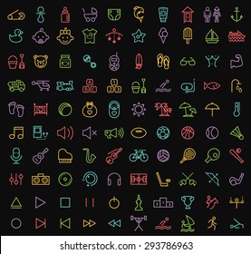 Set of 100 Isolated Minimalistic Modern Simple Elegant Color Stroke Icons ( Baby , Beach , Music and Sport ) on Black Background.