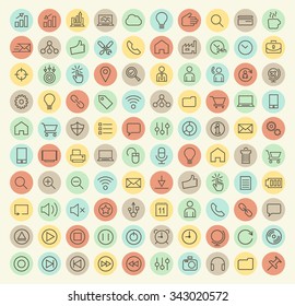 Set of 100 Isolated Universal Minimal Simple Vintage Thin Line Busines, SEO and Multimedia Icons on Circular Color Buttons.