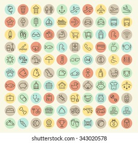 Set of 100 Isolated Universal Minimal Simple Vintage Thin Line Baby, Veterinary, Airport and Beach Icons on Circular Color Buttons.