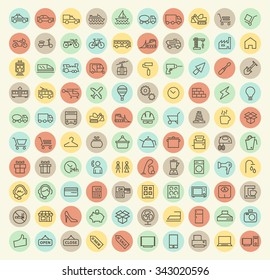 Set of 100 Isolated Universal Minimal Simple Vintage Thin Line Transport, Construction, Shopping and Home Appliances Icons on Circular Color Buttons.