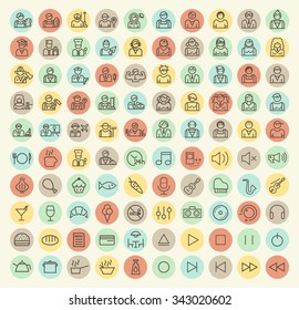 Set of 100 Isolated Universal Minimal Simple Vintage Thin Line People, Professions, Music and Restaurant Icons on Circular Color Buttons.
