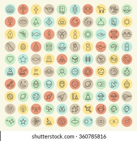Set of 100 Isolated Universal Minimal Simple Vintage Thin Line Christian , Islamic and Space Icons on Circular Color Buttons.
