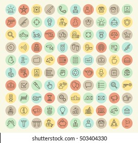 Set of 100 Isolated Universal Minimal Simple Thin Line Police and Political Icons on Circular Color Buttons.
