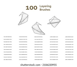 Set of 100 layering effect art brushes and 50 editable raw vector for illustrator, drawing, anime, manga, story book, watercolor, frame, sumi-e, calligraphy. Created using AI CS6.