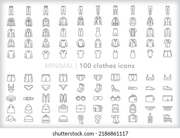 Set of 100 line icons of clothing for men, women and children including accessories, shoes and luggage