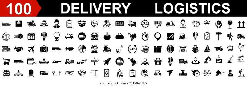 Set 100 logistics icons, delivery, global logistic, package, transportation, shipping signs collection – stock vector