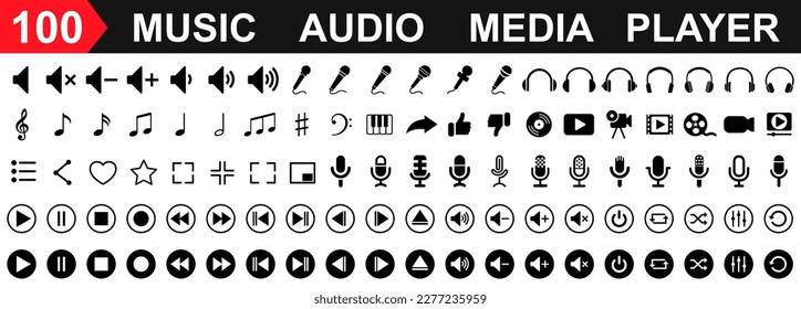 Establecer 100 iconos de control de reproductor de medios, conjunto de iconos de música, sonido y cine, interfaz de símbolos multimedia vídeo y audio, botones de reproductor de medios, volumen de altavoces de música - vector de stock