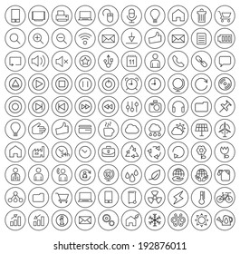 Set of 100 Minimal Black Stroke Icons on Circular Buttons (Interface, Multimedia, Business and Ecology)