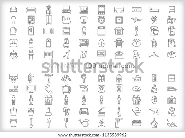 Set 100 Minimal Home Icons Items Stock Vector Royalty Free