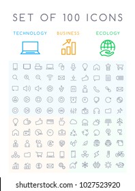 Set von 100 Minimal Modern Elegant White Stroke Icons ( Interface Multimedia Business and Ecology )