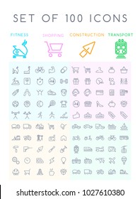 Set of 100 Minimal Modern Elegant BlackStroke Icons ( Fitness Shopping Construction and Transport Icons )