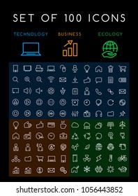 Set of 100 Minimal Modern Elegant White Stroke Icons on Black Background ( Interface Multimedia Business and Ecology )