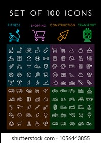 Set of 100 Minimal Modern Elegant White Stroke Icons ( Fitness Shopping Construction and Transport Icons ) on Black Background
