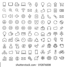 Set von 100 Minimal Modern White Stroke Icons (Interface, Multimedia, Business und Ökologie)