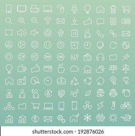 Set of 100 Minimal Modern White Stroke Icons (Interface, Multimedia, Business and Ecology)