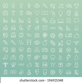 Set of 100 Minimal Modern White Stroke Icons (Family, People, Medical, School and Education) on Colored Background.