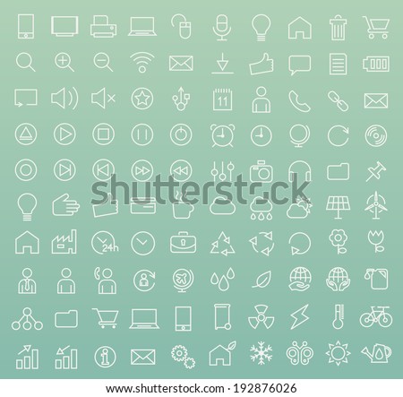 Set of 100 Minimal Modern White Stroke Icons (Interface, Multimedia, Business and Ecology)