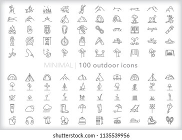 Set of 100 minimal outdoor icons of camping, recreation, landscapes, nature and seasons including trees, flowers, mountains, tents, fishing, hiking, spring, winter and summer