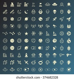Set of 100 Minimal and Solid Space Icons. Vector Isolated Elements.