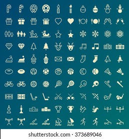 Set of 100 Minimal and Solid Sport and Christmas Icons. Vector Isolated Elements.