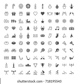 Set of 100 Minimal and Solid Sport and Christmas Icons on White Background . Vector Isolated Elements