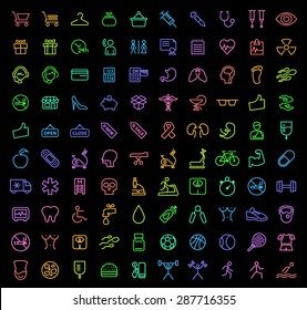 Set of 100 Minimal Universal Isolated Modern Elegant Neon Color Thin Line Icons ( Shopping , Medical and Fitness ) on Black Background.