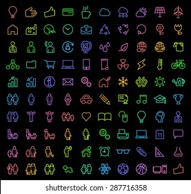Set of 100 Minimal Universal Isolated Modern Elegant Neon Color Thin Line Icons ( Business , Ecology , Family and Education ) on Black Background.