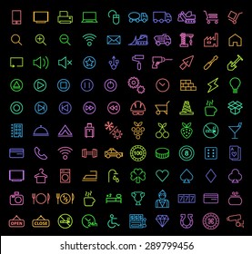 Set of 100 Minimal Universal Isolated Modern Elegant Neon Color Thin Line Icons ( Multimedia , Construction , Hotel and Casino  ) on Black Background.