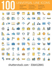 Set of 100 Minimal Universal Line Icons. Business and finance,  seo and education, shopping and holiday,  weather and traveling, sport. Vector illustration.