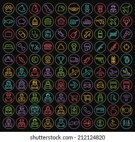 Set of 100 Minimal Universal Minimalistic Modern Elegant Neon Color Thin Line Icons on Circular Buttons ( Veterinary , War , People and Airport ) on Black Background.