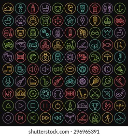 Set of 100 Minimal Universal Minimalistic Modern Elegant Neon Color Thin Line Icons on Circular Buttons ( Baby, Beach , Music and Sport ) on Black Background.