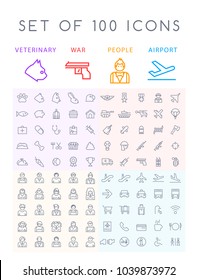 Set of 100 Minimal Universal Modern Elegant Black Thin Line Icons ( Veterinary War People and Airport ) on White Background