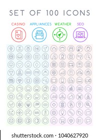 Set of 100 Minimal Universal Modern Elegant Black Thin Line Icons on Circular Buttons ( Casino Home Appliances Weather SEO and Development ) on White Background