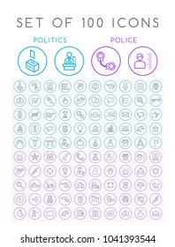 Set of 100 Minimal Universal Modern Elegant Black Thin Line Icons on Circular Buttons ( Politics and Police ) on White Background