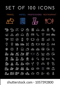 Set of 100 Minimal Universal Modern Elegant Black Stroke Icons ( Travel Hotel Professions and Restaurant ) on White Background