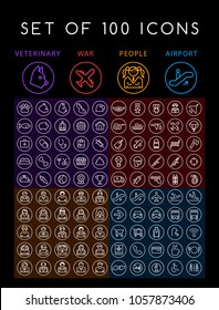 Set of 100 Minimal Universal Modern Elegant White Thin Line Icons ( Veterinary War People and Airport ) on Black Background