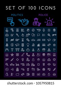 Set of 100 Minimal Universal Modern Elegant White Thin Line Icons ( Politics and Police ) on Black Background