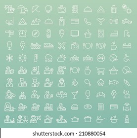 Set of 100 Minimal Universal Modern Elegant White Stroke Icons ( Travel , Hotel , Professions and Restaurant ) on Color Background.