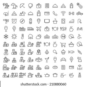 Set von 100 Minimal Universal Modern Elegant Black Stroke Icons ( Reise , Hotel , Berufe und Restaurant ) auf weißem Hintergrund.