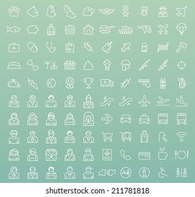 Set of 100 Minimal Universal Modern Elegant Black Thin Line Icons ( Veterinary , War , People and Airport ) on Color Background.
