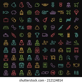 Set of 100 Minimal Universal Modern Elegant Neon Color Thin Line Icons ( Veterinary , War , People and Airport ) on Black Background.