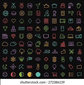 Set of 100 Minimal Universal Modern Elegant Neon Color Thin Line Icons ( Casino , Home Appliances , Weather , SEO and Development ) on Black Background.